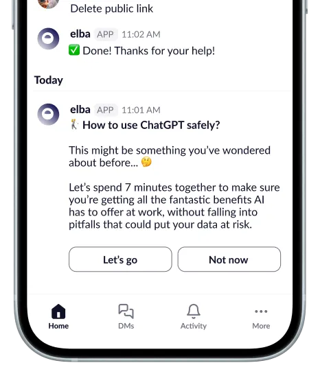 Elba’s employee experience in Slack, with a completed sharing action and AI security training